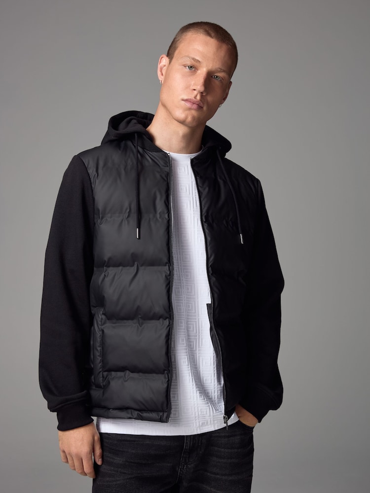 Black Jersey Sleeve Hybrid Puffer Jacket - Image 1 of 10