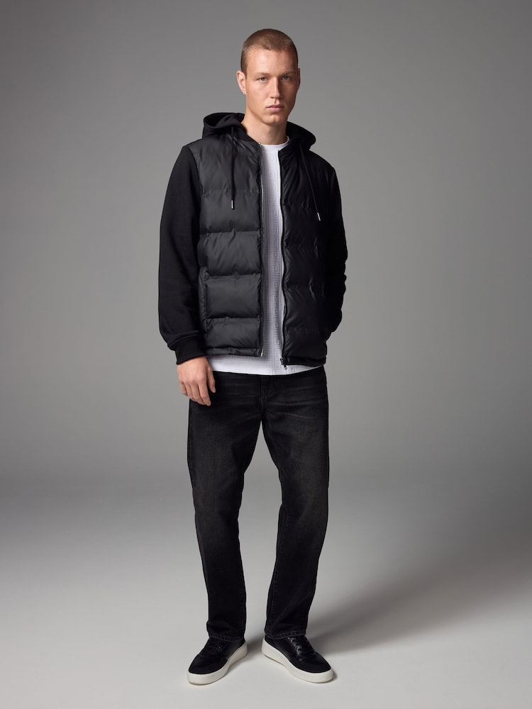 Black Jersey Sleeve Hybrid Puffer Jacket - Image 2 of 10