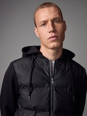 Black Jersey Sleeve Hybrid Puffer Jacket - Image 4 of 10