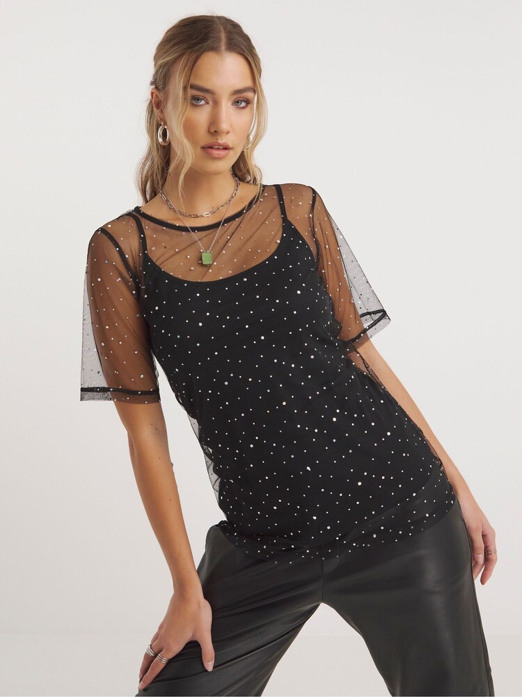 Simply Be Black Sparkle Mesh Overlay Top - Image 1 of 4