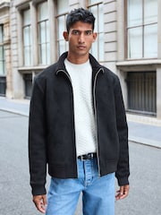 Black Faux Suede Borg Lined Zip Up Funnel Jacket - Image 1 of 9