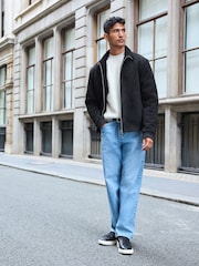 Black Faux Suede Borg Lined Zip Up Funnel Jacket - Image 2 of 9