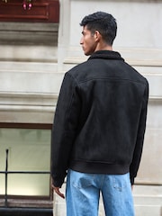 Black Faux Suede Borg Lined Zip Up Funnel Jacket - Image 3 of 9