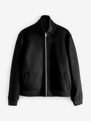 Black Faux Suede Borg Lined Zip Up Funnel Jacket - Image 5 of 9