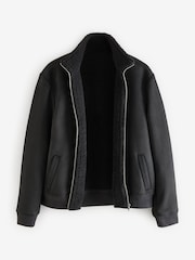 Black Faux Suede Borg Lined Zip Up Funnel Jacket - Image 6 of 9