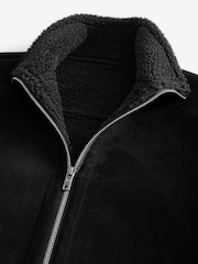 Black Faux Suede Borg Lined Zip Up Funnel Jacket - Image 7 of 9