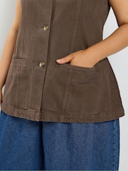 Brun - Yours Curve longline vest med lomme i denim - Billede 4 af 6