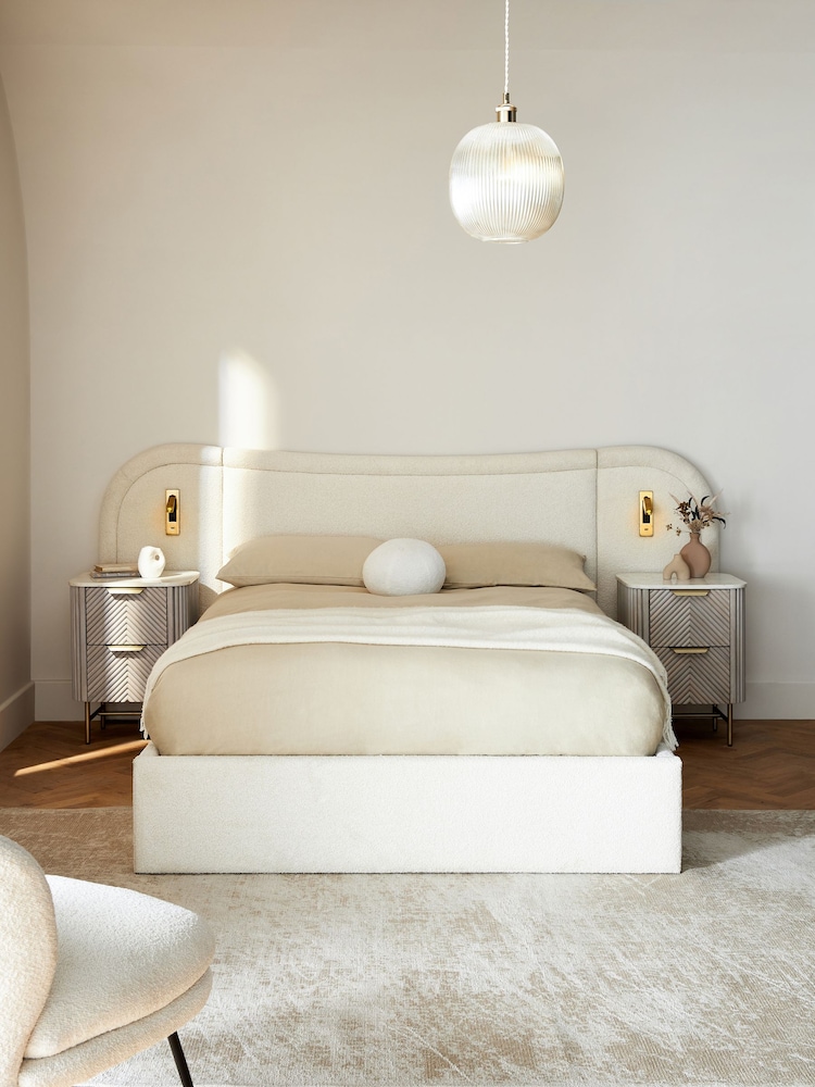 Casual Boucle Natural Oyster Otis Upholstered Hotel Bed Frame with Ottoman Storage and Lights - Image 1 of 1
