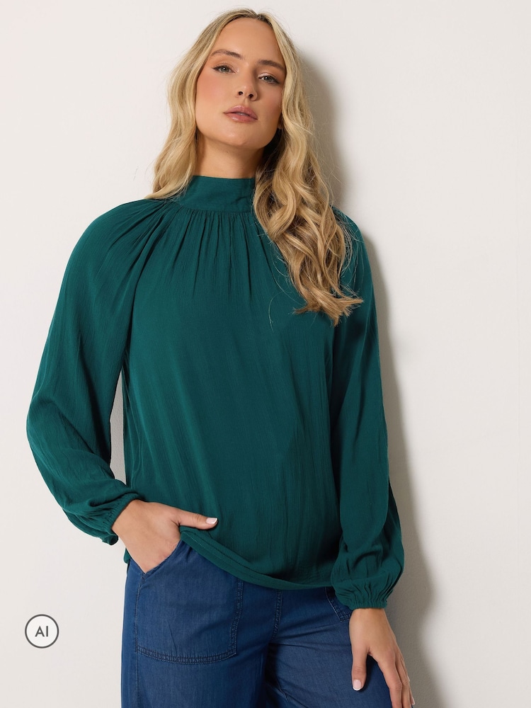 Groen - Long Tall Sally blouse met strik bij de hals, gemaakt van kreukelkatoen - Afbeelding 1 van 6