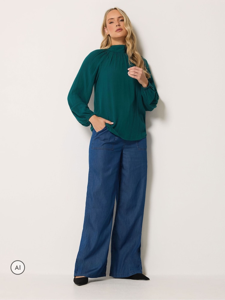Groen - Long Tall Sally blouse met strik bij de hals, gemaakt van kreukelkatoen - Afbeelding 2 van 6