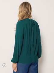Groen - Long Tall Sally blouse met strik bij de hals, gemaakt van kreukelkatoen - Afbeelding 3 van 6