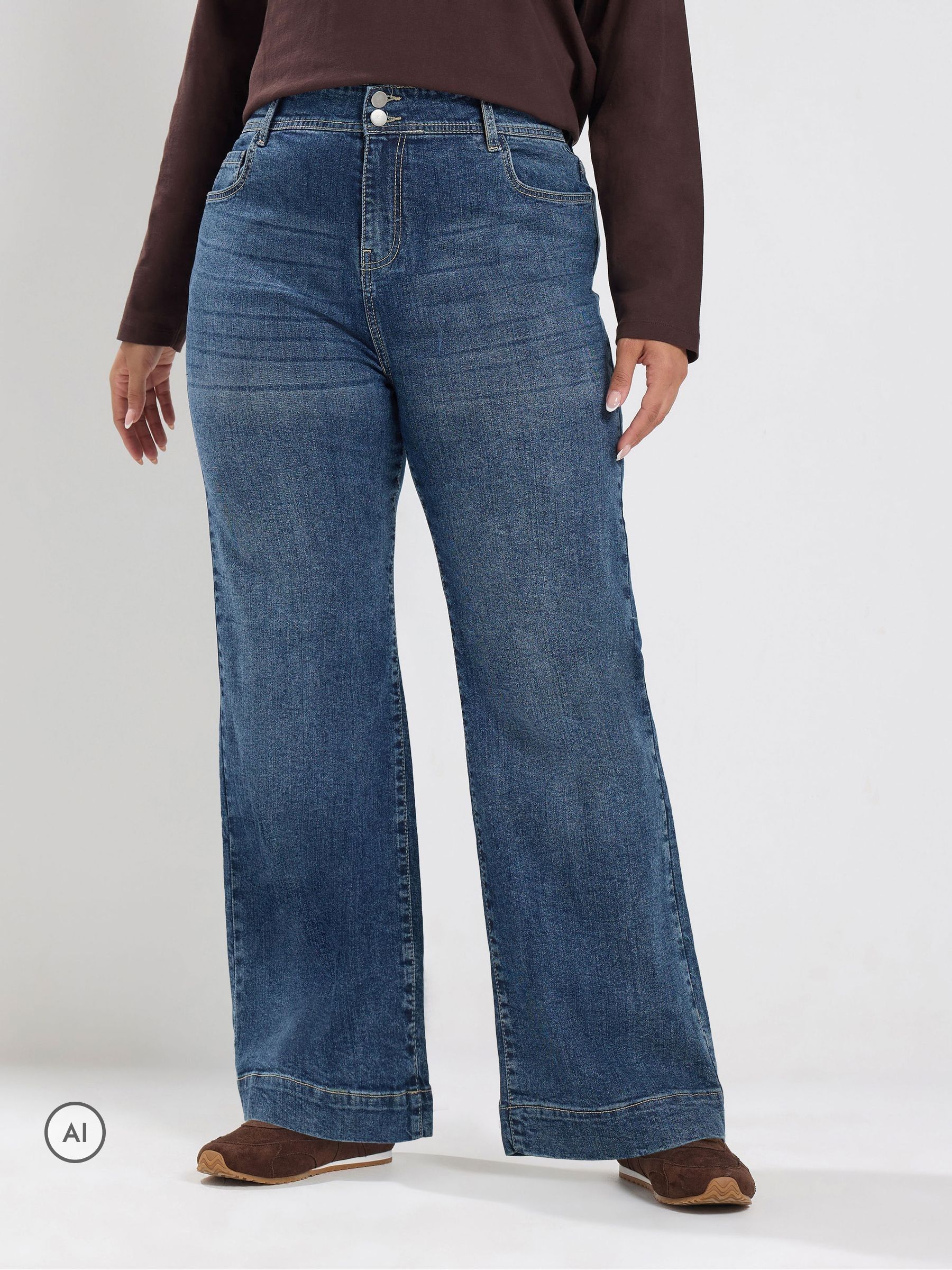 Yours Women's Mid Blue Double Button Wide Leg Jeans In | Size: 12R - Image 2