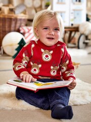 JoJo Maman Bébé Red Kids' Reindeer Jumper - Image 1 of 4