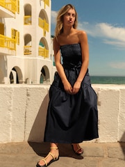 Black 100% Cotton Shirred Bandeau Midi Summer Dress - Image 1 of 6