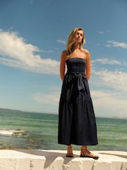 Black 100% Cotton Shirred Bandeau Midi Summer Dress - Image 2 of 6