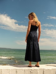 Black 100% Cotton Shirred Bandeau Midi Summer Dress - Image 3 of 6