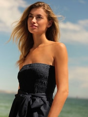 Black 100% Cotton Shirred Bandeau Midi Summer Dress - Image 4 of 6