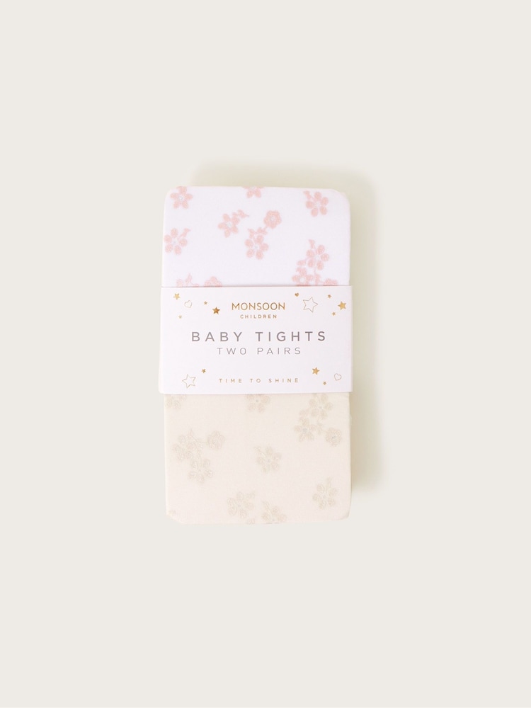 Monsoon White Floral Print Baby Tights 2 Pack - Image 1 of 3