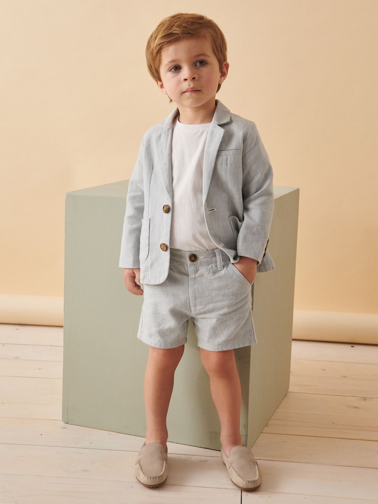 Pale Blue Linen Blend Blazer T-Shirt and Shorts Set (3mths-9yrs) - Image 1 of 8