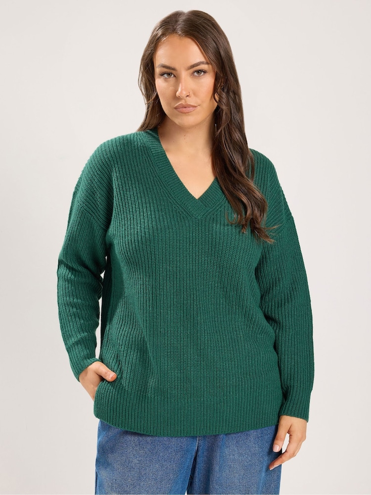 Yours Curve Green Essential V-Neck Jumper - Image 1 of 6 Yours Curve Green Essential V-Neck Jumper - Image 1 of 6
