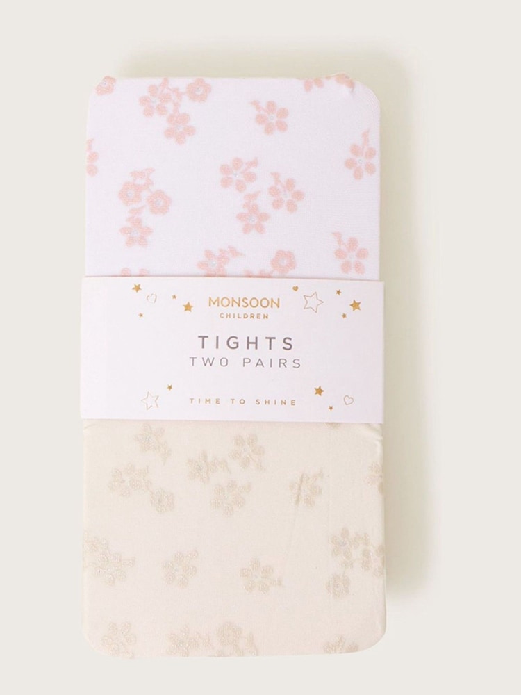 Monsoon White Floral Print Tights 2 Pack - Image 2 of 3
