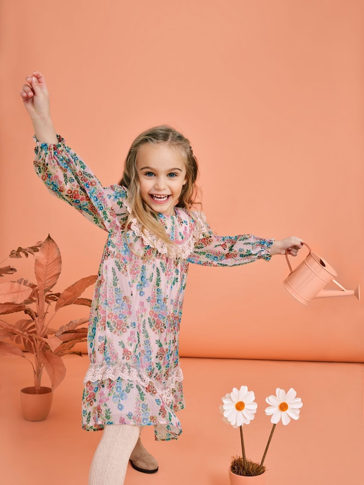 Monsoon Pink Floral Stripe Long Sleeve Dress - Image 1 of 4
