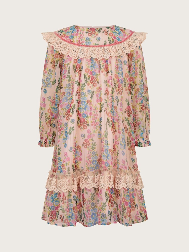 Monsoon Pink Floral Stripe Long Sleeve Dress - Image 2 of 4
