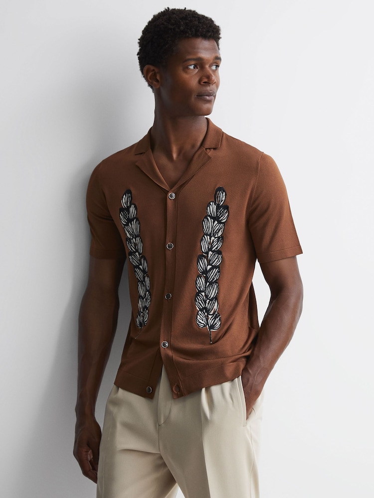 Reiss Tobacco Script Embroidered Cuban Collar Button Through T-Shirt - Image 1 of 4