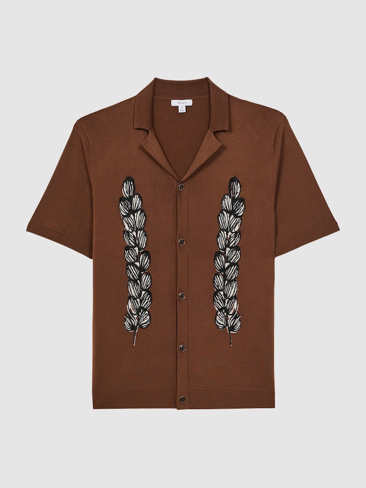 Reiss Tobacco Script Embroidered Cuban Collar Button Through T-Shirt - Image 2 of 4