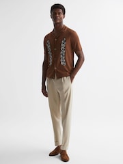 Reiss Tobacco Script Embroidered Cuban Collar Button Through T-Shirt - Image 3 of 4