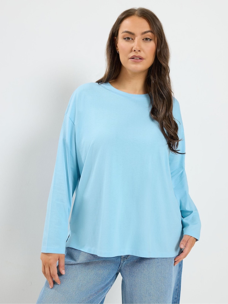 Yours Curve Blue Long Sleeve Oversized T-Shirt - Image 1 of 6 Yours Curve Blue Long Sleeve Oversized T-Shirt - Image 1 of 6