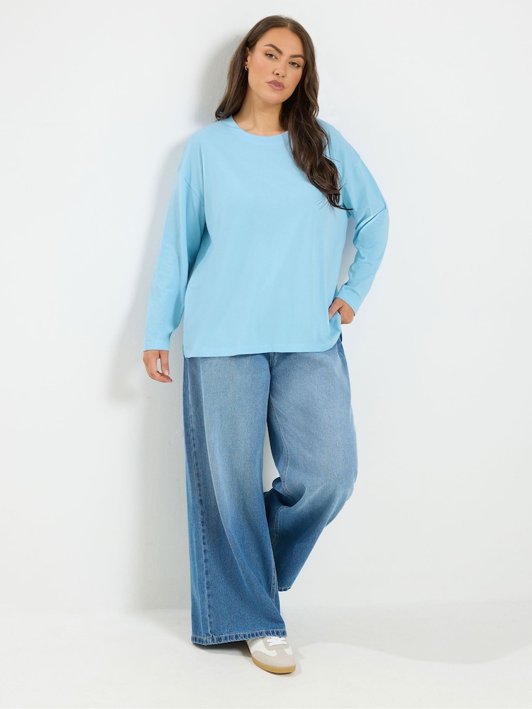 Yours Curve Blue Long Sleeve Oversized T-Shirt - Image 2 of 6 Yours Curve Blue Long Sleeve Oversized T-Shirt - Image 2 of 6