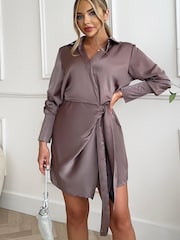 AX Paris Taupe Satin Wrap Long Sleeve Mini Dress - Image 4 of 4