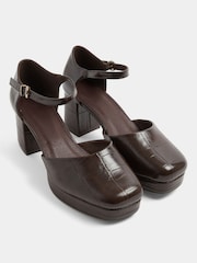 Yours Curve Brown Croc Faux Leather Platform Block Heels In Extra Wide Fit - Image 1 of 4