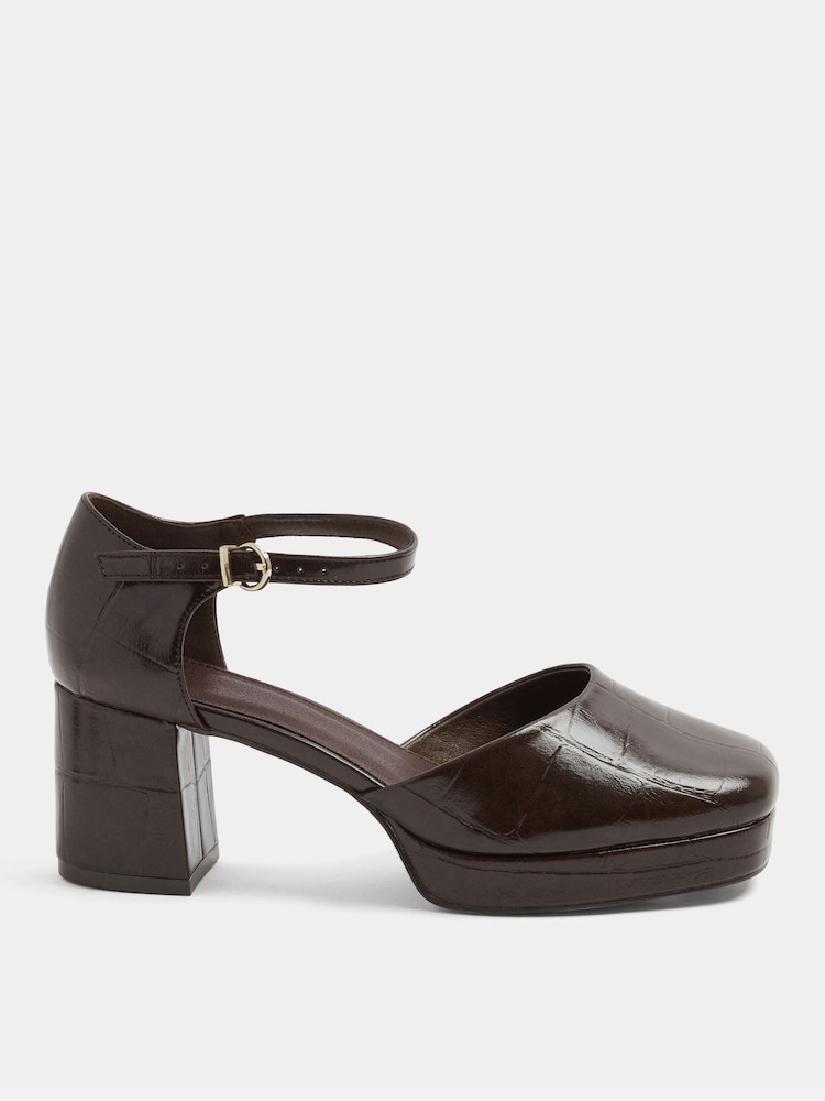 Yours Curve Brown Croc Faux Leather Platform Block Heels In Extra Wide Fit - Image 2 of 4 Yours Curve Brown Croc Faux Leather Platform Block Heels In Extra Wide Fit - Image 2 of 4