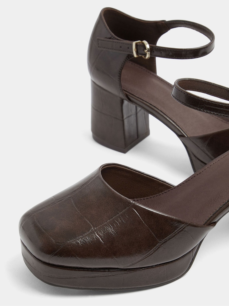 Yours Curve Brown Croc Faux Leather Platform Block Heels In Extra Wide Fit - Image 4 of 4 Yours Curve Brown Croc Faux Leather Platform Block Heels In Extra Wide Fit - Image 4 of 4