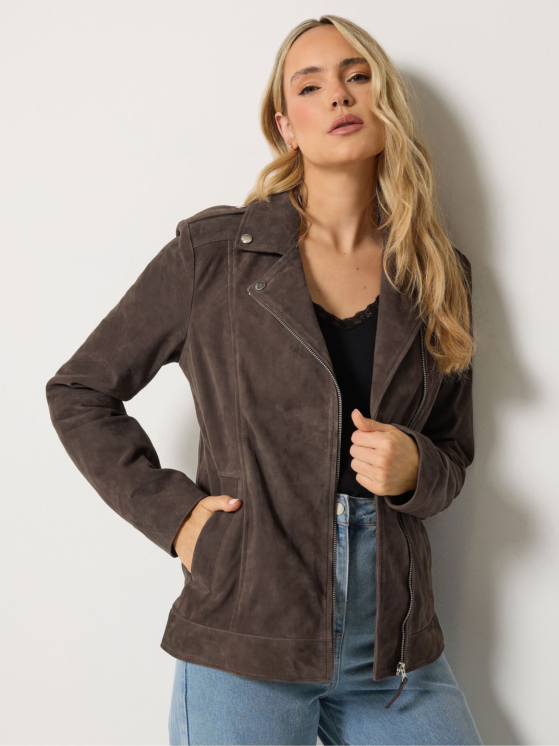 Lts Women's Brown Premium Tall Chocolate Suede Biker Jacket Size 20 - Image 3