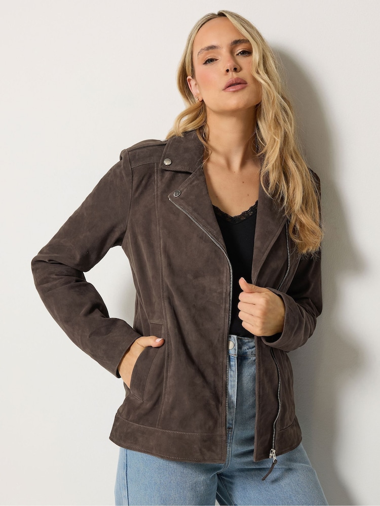 Long Tall Sally Brown Premium Suede Biker Jacket - Image 1 of 7 Long Tall Sally Brown Premium Suede Biker Jacket - Image 1 of 7