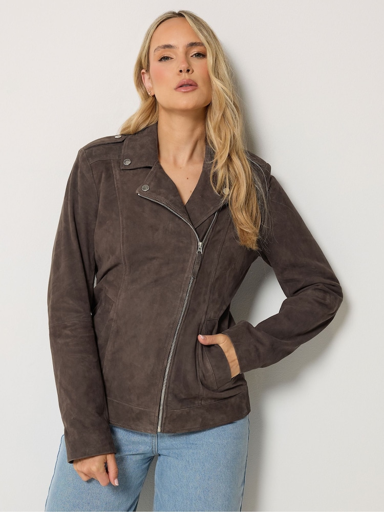 Long Tall Sally Brown Premium Suede Biker Jacket - Image 2 of 7 Long Tall Sally Brown Premium Suede Biker Jacket - Image 2 of 7