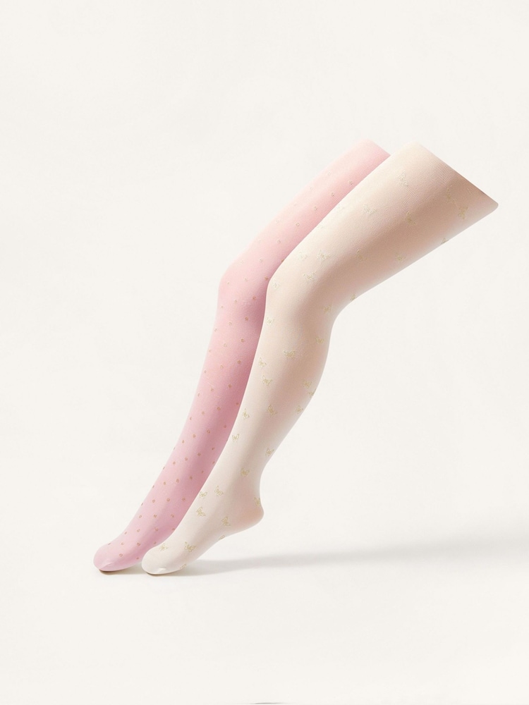 Monsoon Pink Glittery Print Tights 2 Pack - Image 1 of 3 Monsoon Pink Glittery Print Tights 2 Pack - Image 1 of 3
