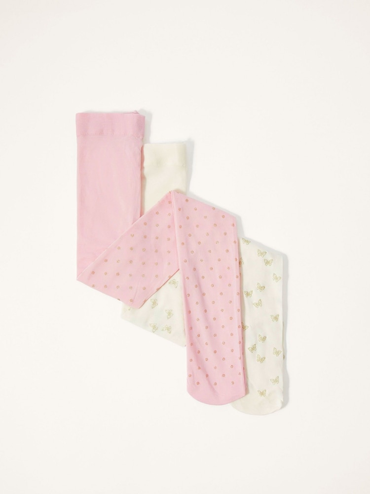 Monsoon Pink Glittery Print Tights 2 Pack - Image 2 of 3 Monsoon Pink Glittery Print Tights 2 Pack - Image 2 of 3