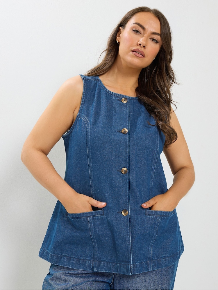 Blå - Yours Curve longline vest med lomme i denim - Billede 1 af 6 Blå - Yours Curve longline vest med lomme i denim - Billede 1 af 6