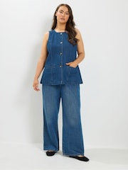 Blå - Yours Curve longline vest med lomme i denim - Billede 2 af 6