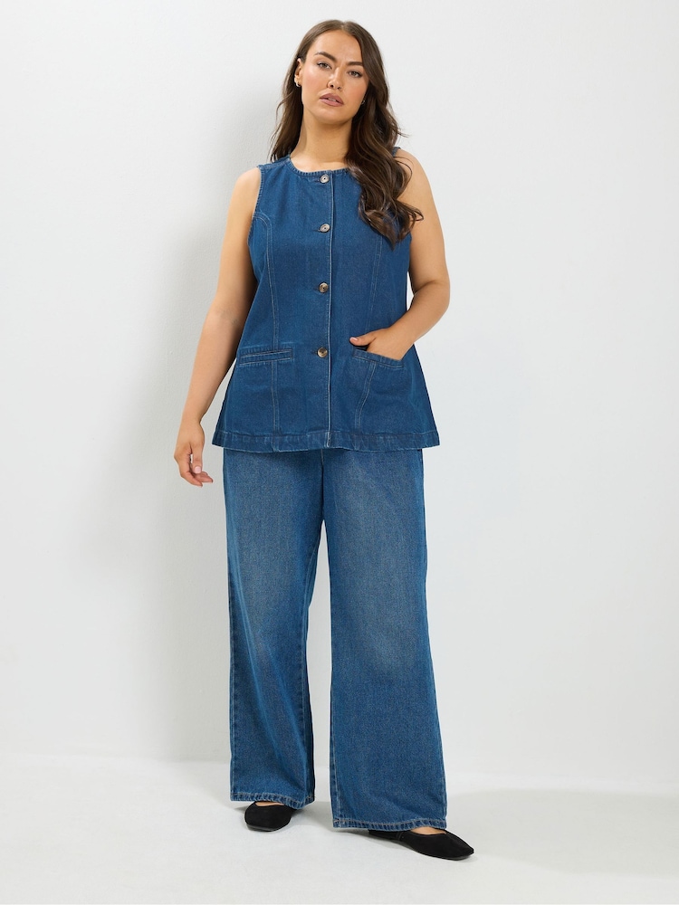 Blå - Yours Curve longline vest med lomme i denim - Billede 2 af 6 Blå - Yours Curve longline vest med lomme i denim - Billede 2 af 6