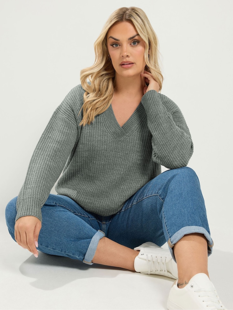 Yours Curve Grey Essential V-Neck Jumper - Image 1 of 7 Yours Curve Grey Essential V-Neck Jumper - Image 1 of 7