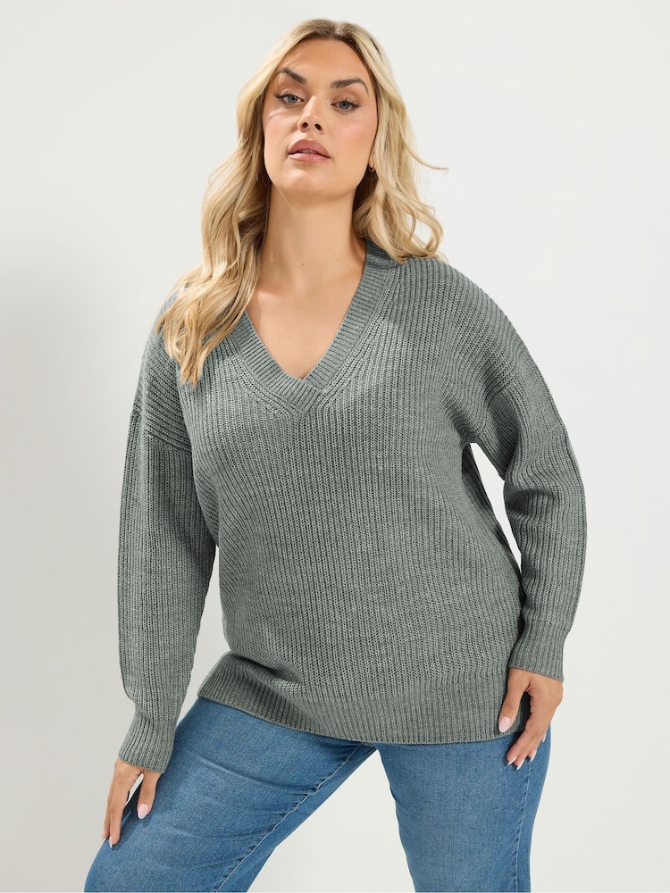 Yours Curve Grey Essential V-Neck Jumper - Image 2 of 7 Yours Curve Grey Essential V-Neck Jumper - Image 2 of 7