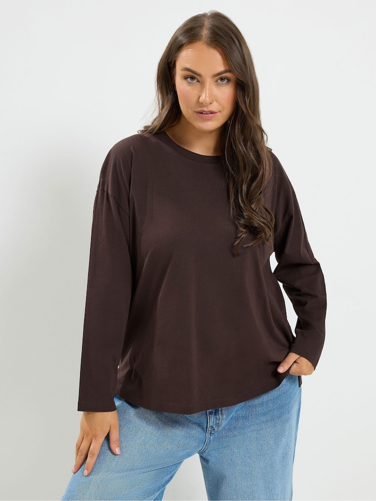 Yours Curve Brown Long Sleeve Oversized T-Shirt - Image 1 of 6 Yours Curve Brown Long Sleeve Oversized T-Shirt - Image 1 of 6
