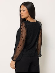 M&Co Black Petite Spot Long Sleeve Mesh Top - Image 4 of 7