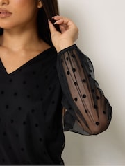 M&Co Black Petite Spot Long Sleeve Mesh Top - Image 5 of 7