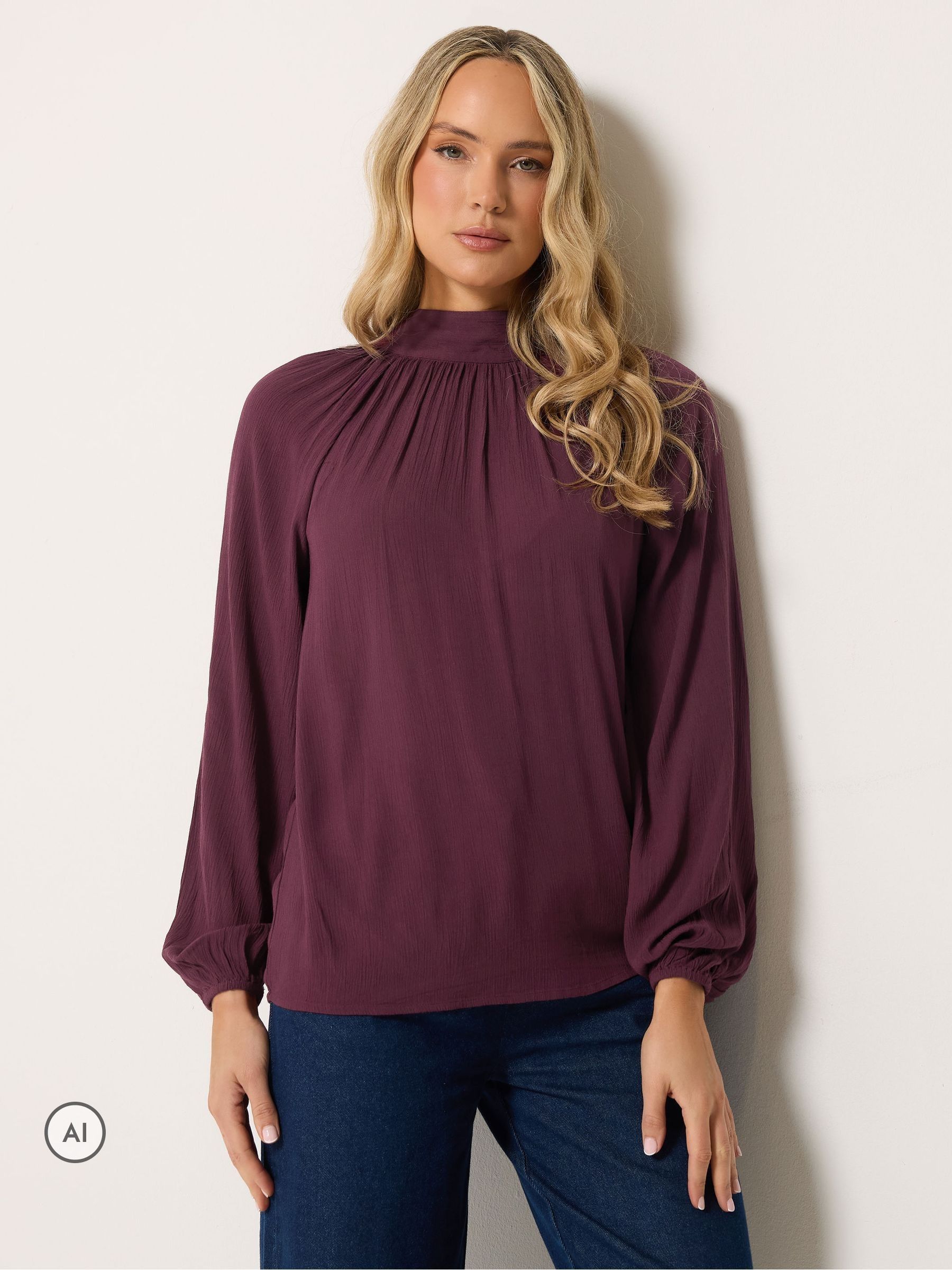 Long Tall Sally Women's Burgundy Tall Tie Neck Crinkle Cotton Blouse In | Size: 24 - Image 2